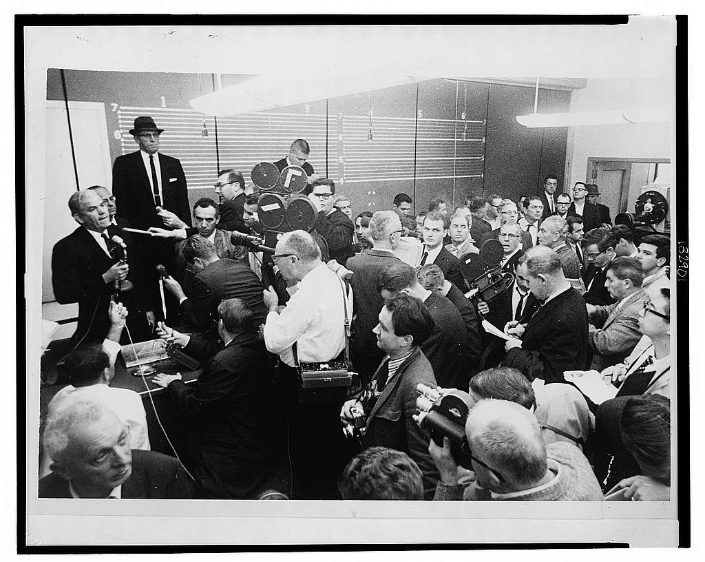 25 November 1963 - A crowd of television, radio and press journalists attending District Attorney Henry Wade